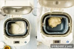 Vintage Coffee Cake Recipe for Bread Machines: Perfect Morning Bake 4 An open bread machine with dough inside, before and after kneading.