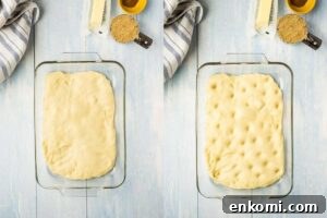 Vintage Coffee Cake Recipe for Bread Machines: Perfect Morning Bake 6 Dough stretched to fit in a glass baking dish, before and after being dimpled.