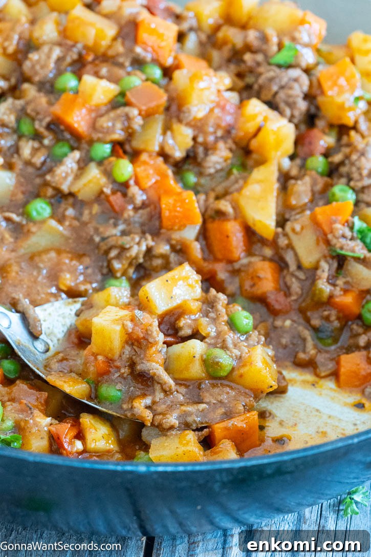 Mexican Picadillo is a cozy, hearty skillet meal with ground beef, potatoes, carrots, and tomatoes. It's simple, affordable, and perfect for busy family dinners. #mexicanfood #picadillo ladle scooping Mexican Picadillo in a skillet