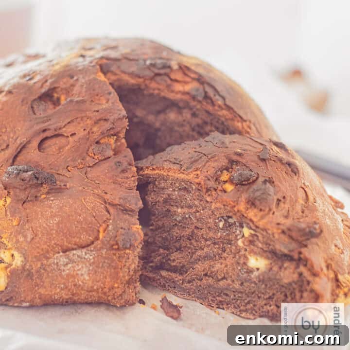 A square picture with chocolate bread, a slice cut out.