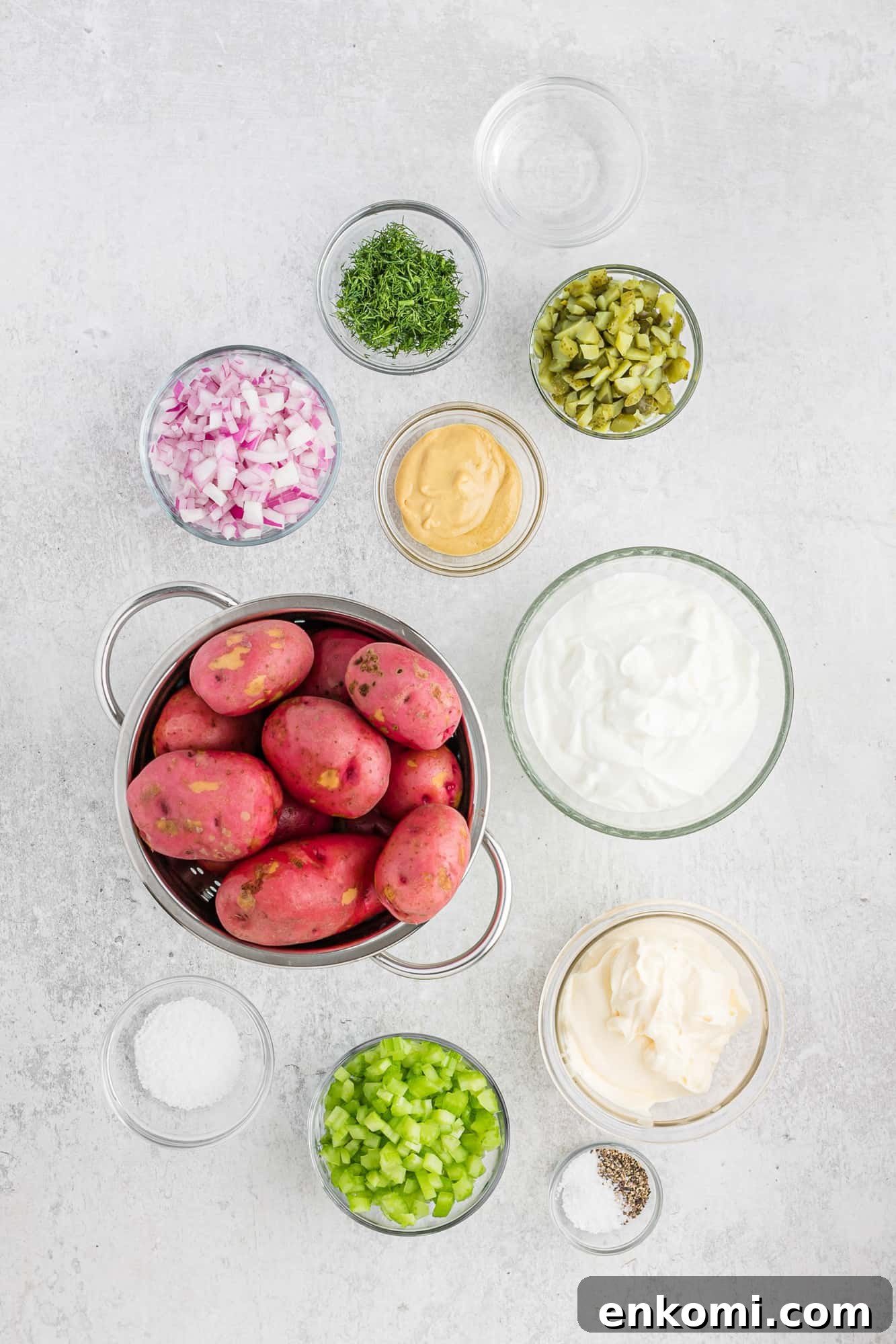 Creamy Dill Potato Salad with Fresh Herbs & Lemon Zest 4 Ingredients needed for recipe including red potatoes and dill pickles.