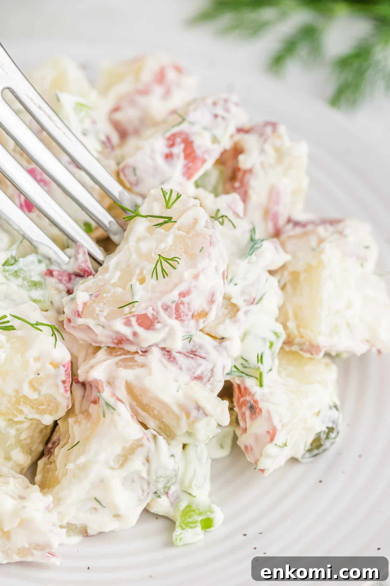 Creamy Dill Potato Salad with Fresh Herbs & Lemon Zest 10 Potato salad on a plate with a fork.