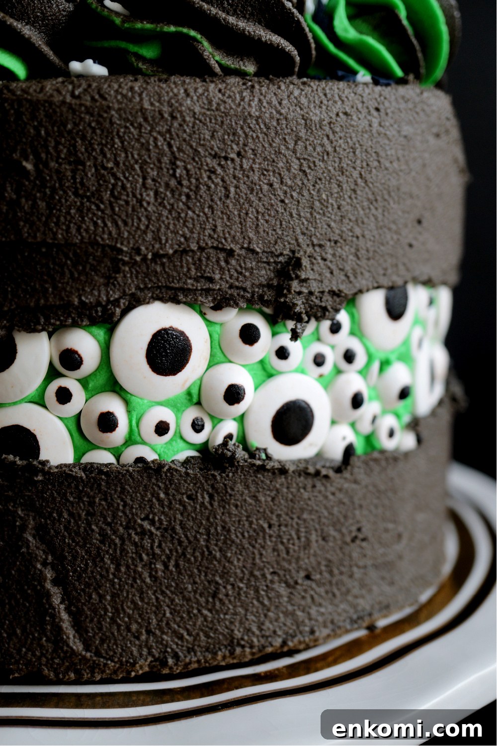 Vegan Green Velvet Eyeball Fault Line Cake Recipe 5 close up of candy eyeballs on side of cake