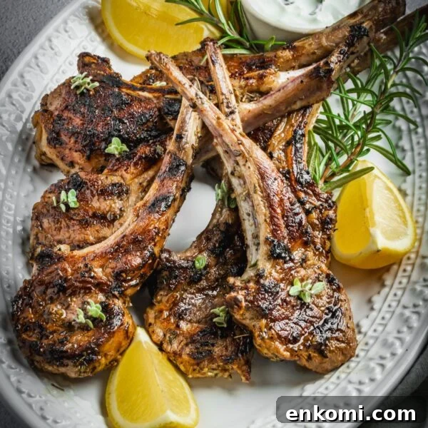 Grilled or Pan-Seared Marinated Greek Lamb Chops 10 Grilled and marinated Greek lamb chops on a platter with rosemary and lemon wedges.