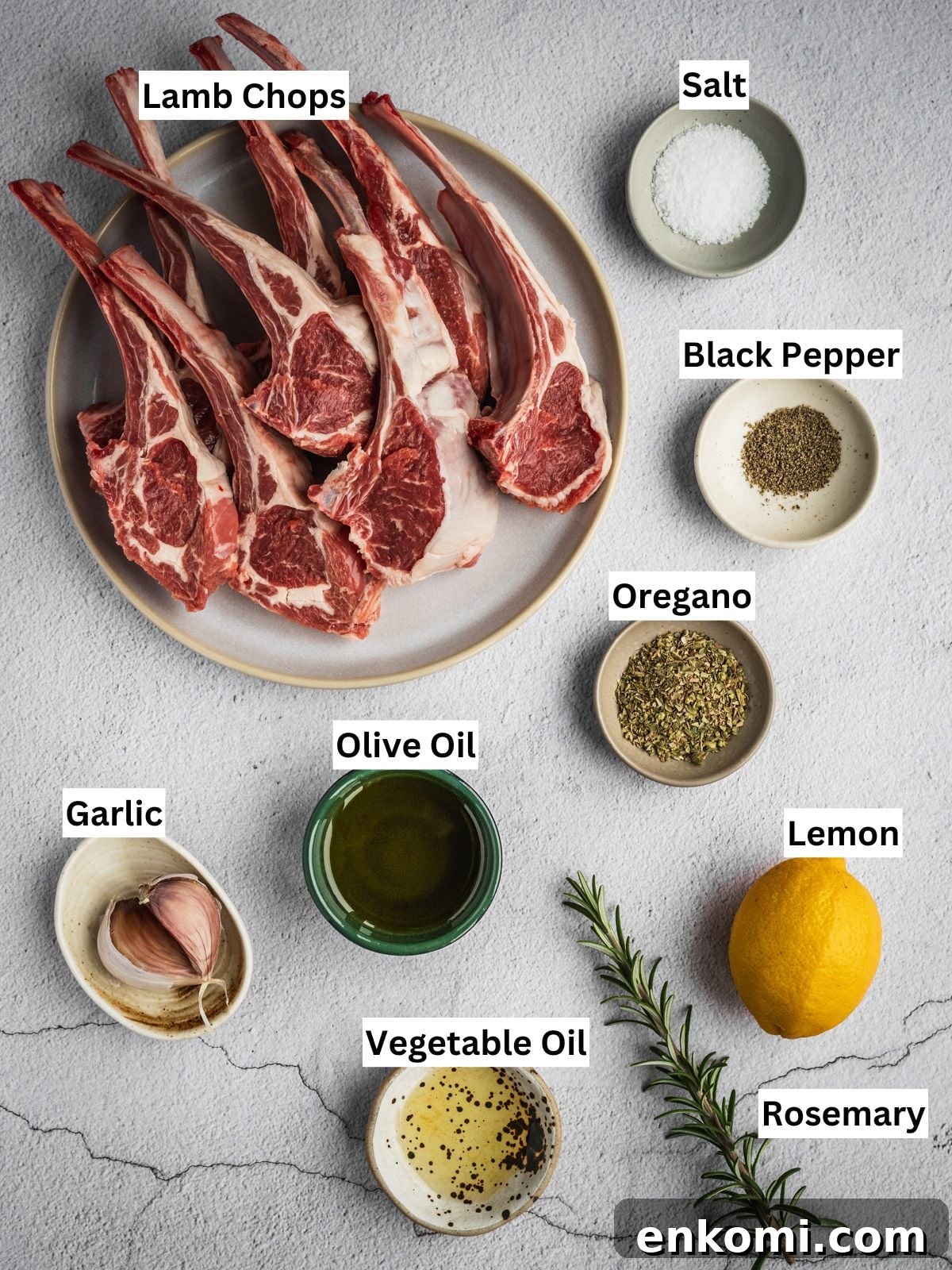 Grilled or Pan-Seared Marinated Greek Lamb Chops 3 Greek lamb chops recipe ingredients with individual labels on a board.