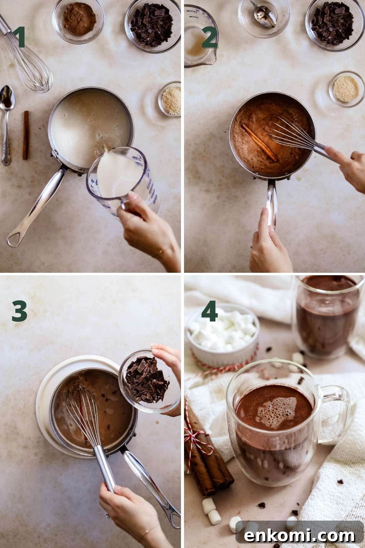 Creamy Oat Milk Hot Chocolate Recipe for Cozy Winter Nights 4 Steps to make oat milk hot chocolate in a saucepan with oat milk, cocoa powder, chocolate, vanilla, and cinnamon served in double-wall glass mugs.