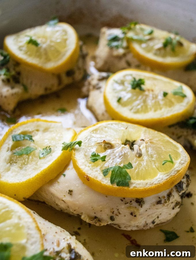 Juicy Baked Lemon-Herb Chicken Breasts for Weeknight Dinners 2 baked lemon chicken with lemon slices