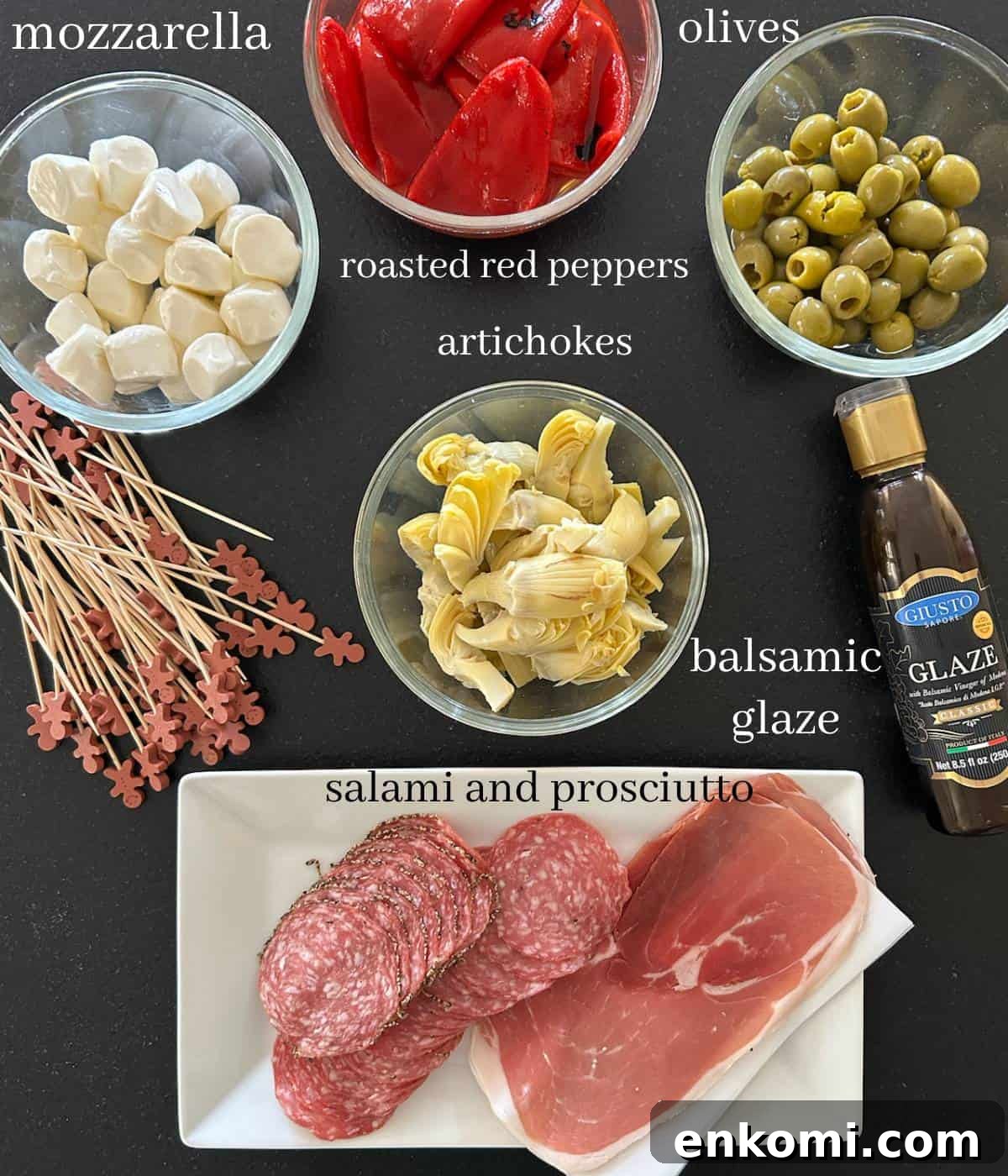 Charcuterie Skewers: Delicious Crowd‑Pleaser Appetizer Recipe 3 Ingredients for charcuterie sticks on cutting board.