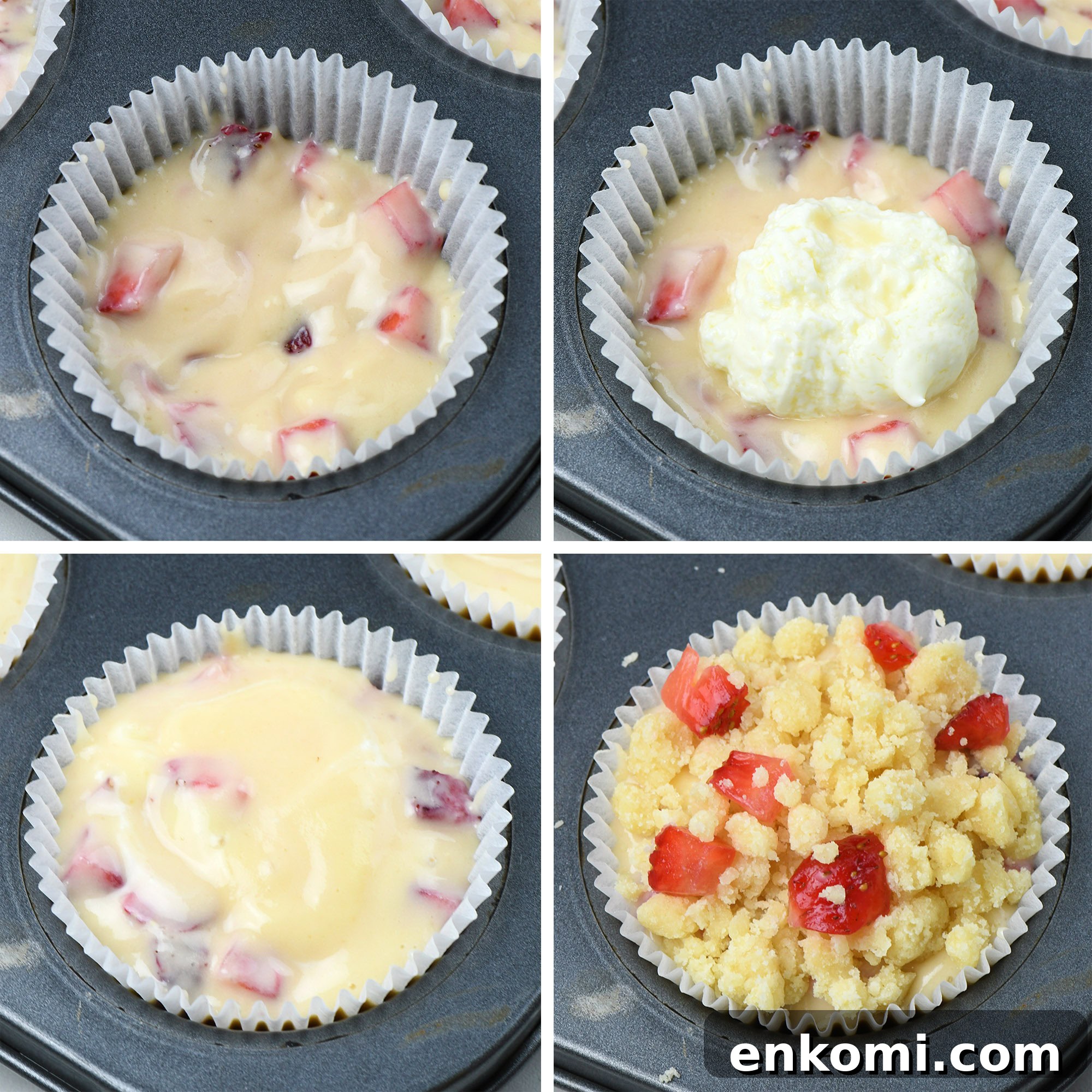 Strawberry Cream Cheese Muffins Recipe — Soft & Lemony 4 step by step filling strawberry muffins with cream cheese and adding crumb topping before baking