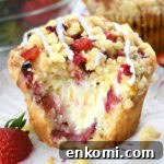 strawberry cream cheese muffins with streusel topping and creamy cheesecake filling inside