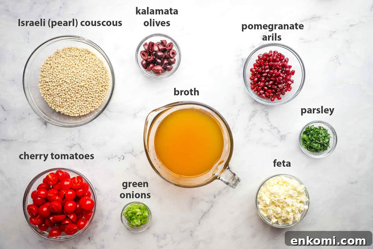 Mediterranean Pearl Couscous Salad with Fresh Herbs & Feta 5 Portioned ingredients to make Israeli couscous salad with labels overlaid.