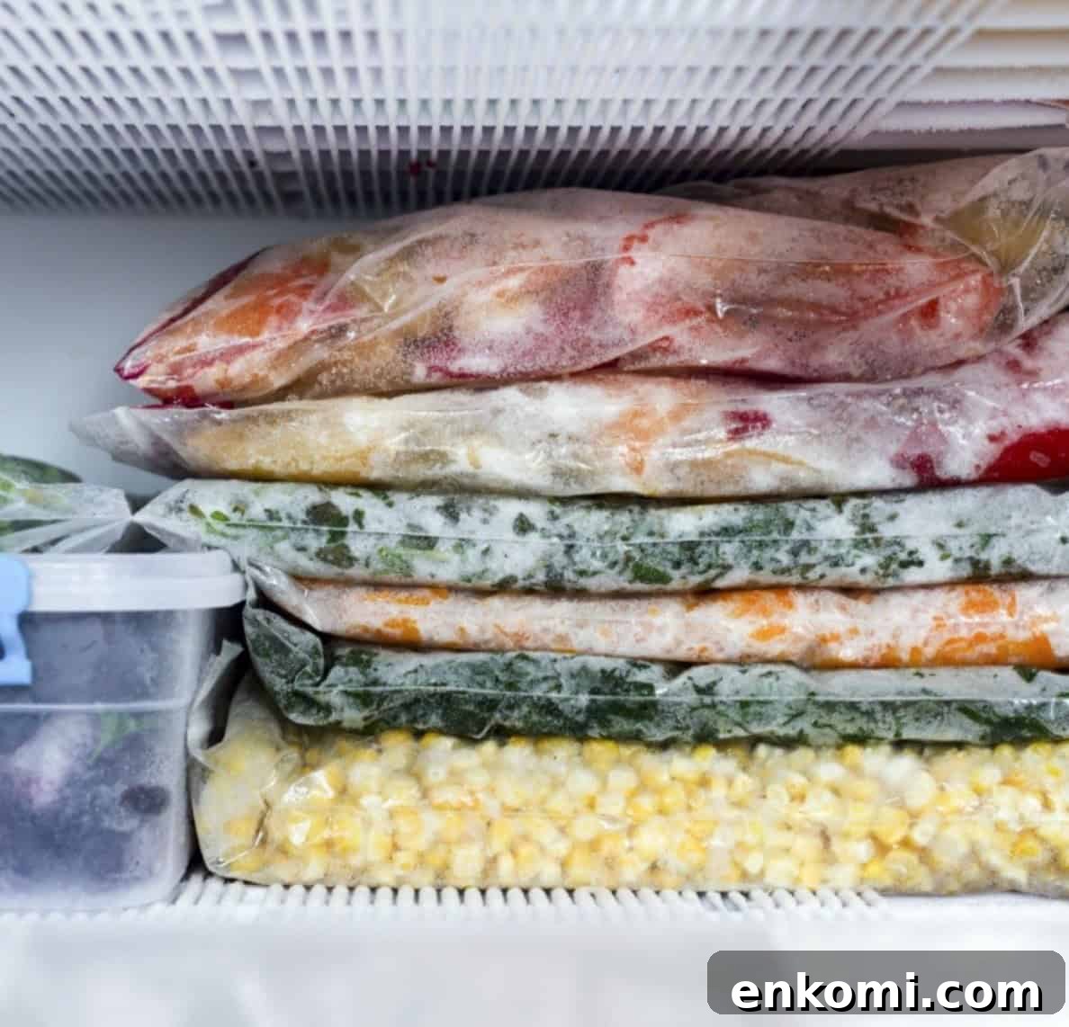 Meal Prep: How to Plan and Freeze Weekly Dinners for Busy Weeks 4 freezer meals stacked in the freezer