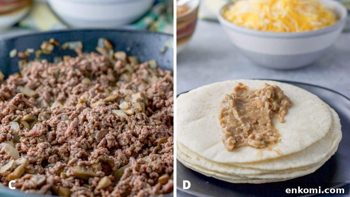 Left - a pan with ground beef sautéed with the veggies. Right - beans smeared on a tortilla with cheese in the background