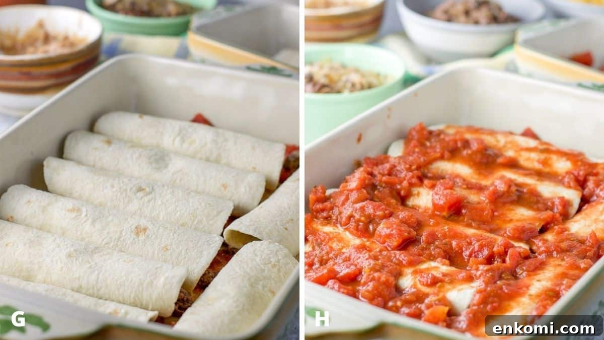 Left - enchiladas rolled and put in a baking dish. Right - enchilada sauce spooned on the enchiladas