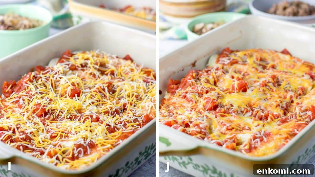 Cheese added to the pan of enchiladas and then melted in the oven