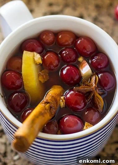 Mulled wine cup with cranberries and cinnamon sticks.