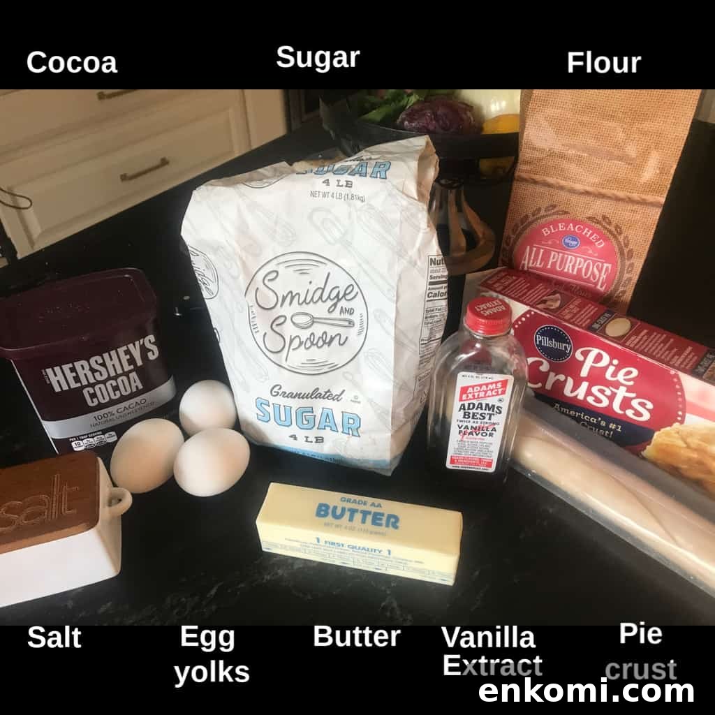 Chocolate pie ingredients on countertop labeled
