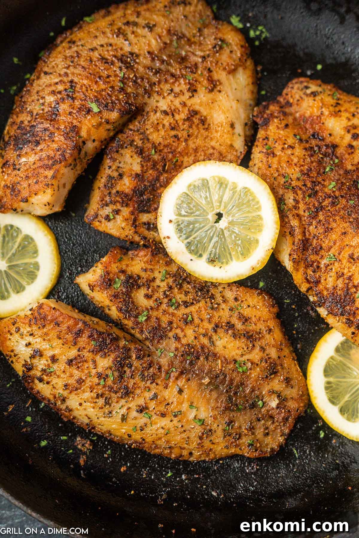 Blackened Tilapia in a cast iron skillet topped with slices of lemon