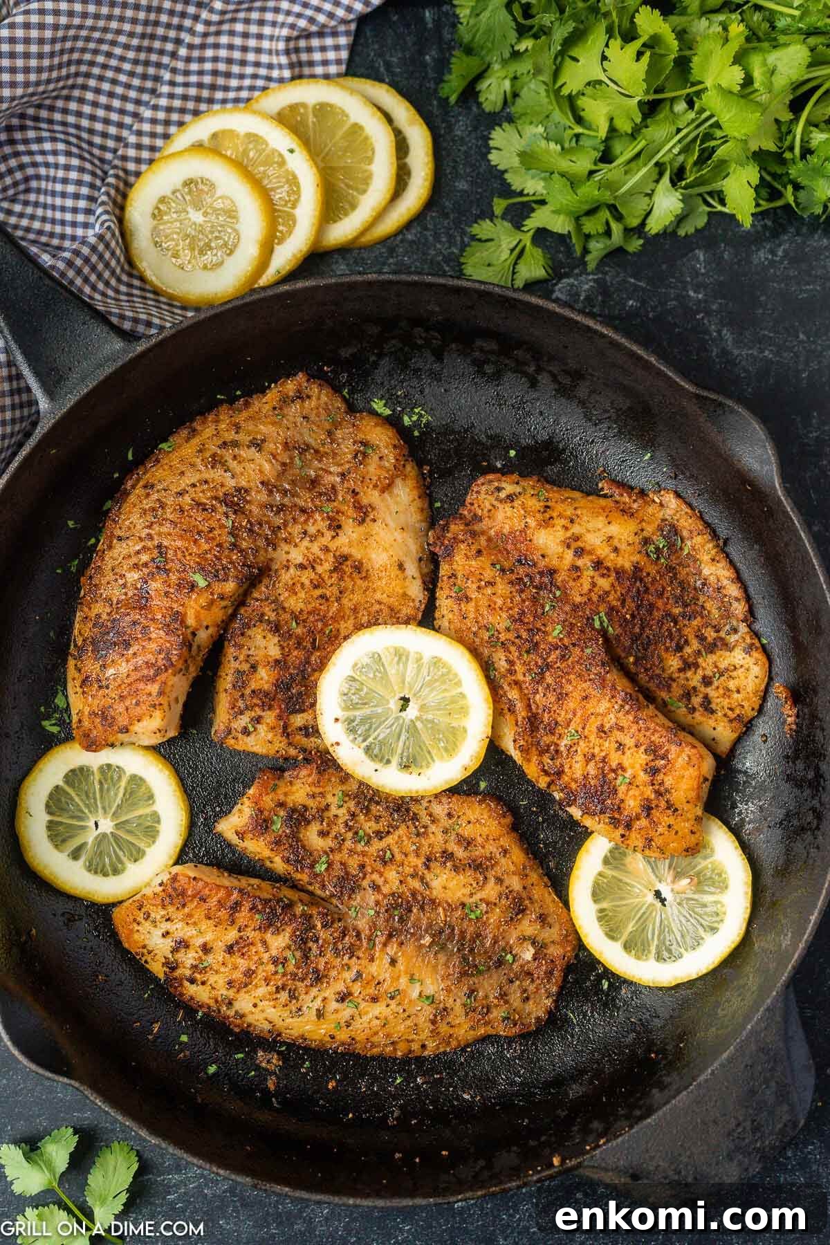 Blackened Tilapia in a cast iron skillet topped with slices of lemon