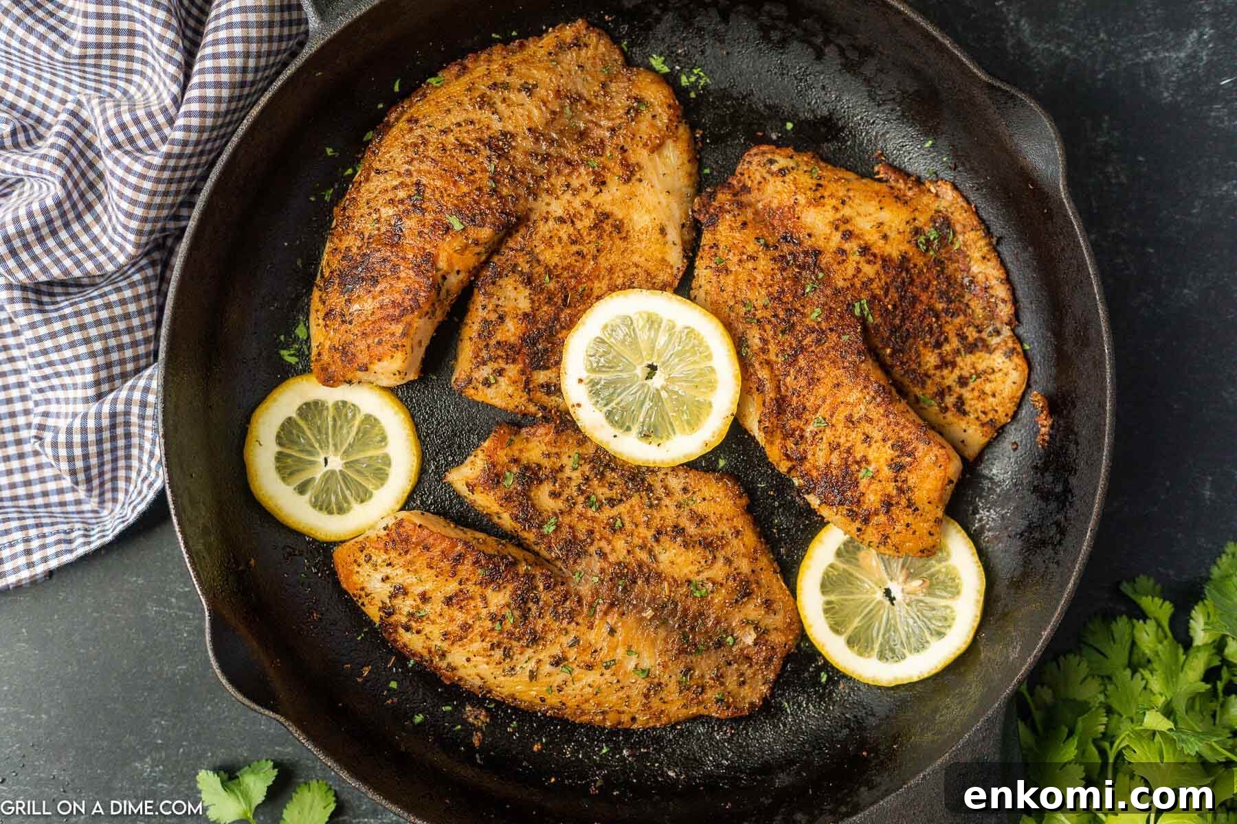Blackened Tilapia in a cast iron skillet topped with slices of lemon
