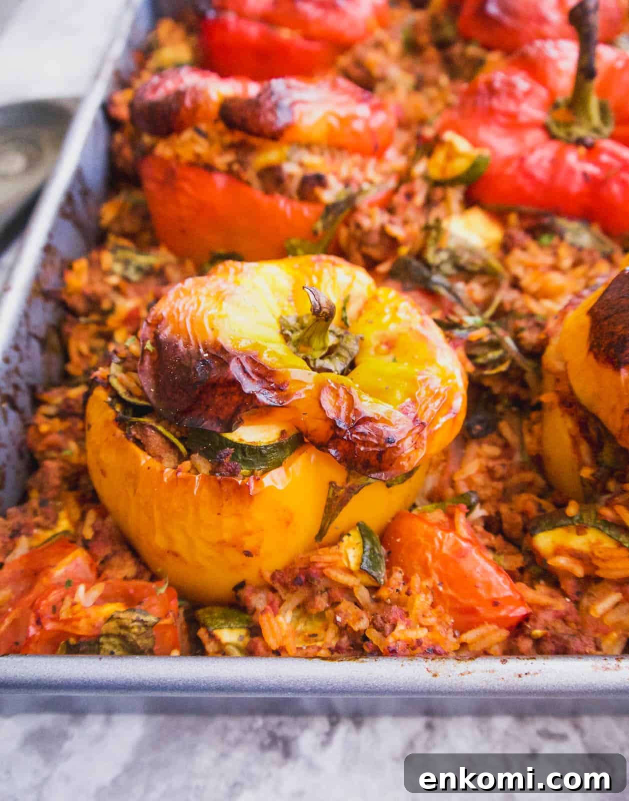 Zucchini, Spinach, Meat and Rice Stuffed Peppers (GF)