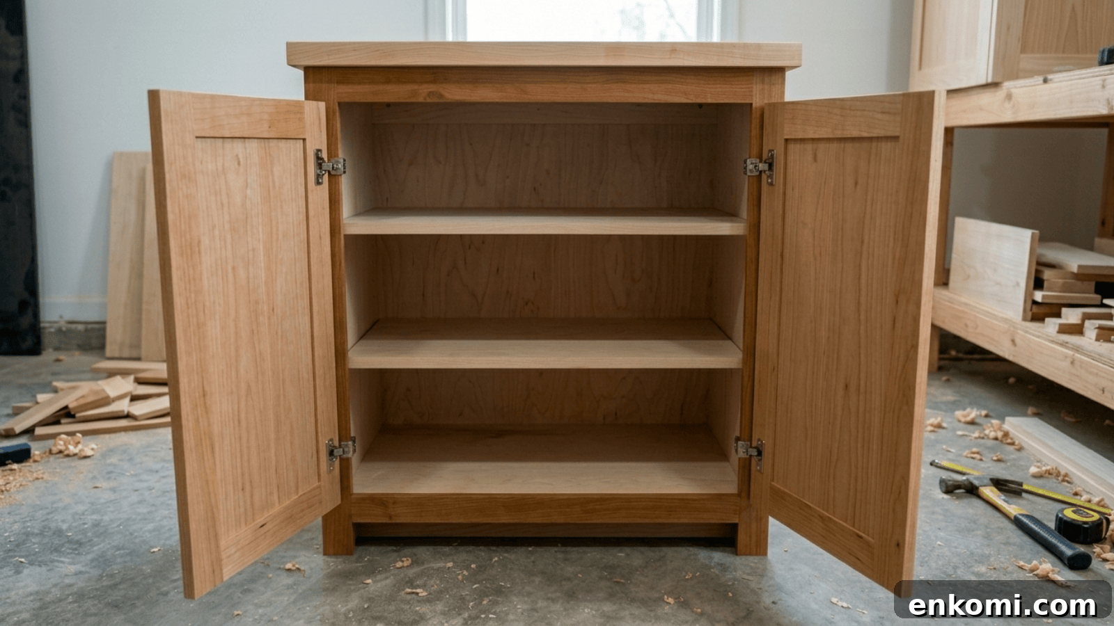 open framed wood cabinet with two shaker doors, three interior shelves, and visible face frame in a workshop setting