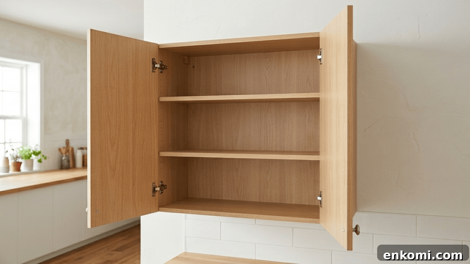 open frameless wall cabinet with flat panel doors, three interior shelves, and full-width access in a modern kitchen