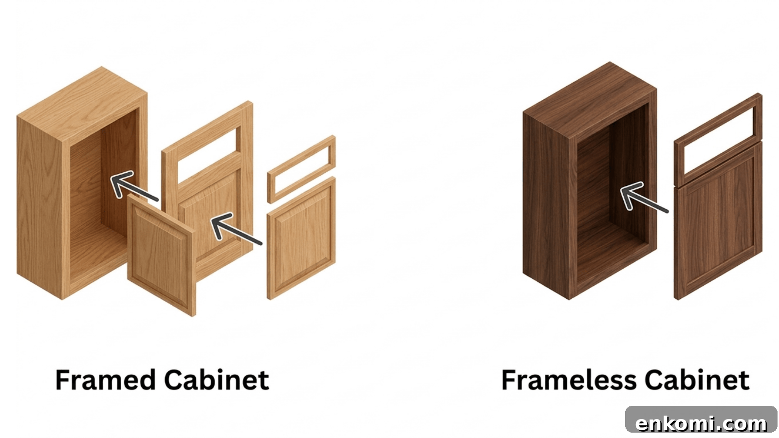 side by side diagram comparing framed cabinet construction with face frame versus frameless full-access cabinet box