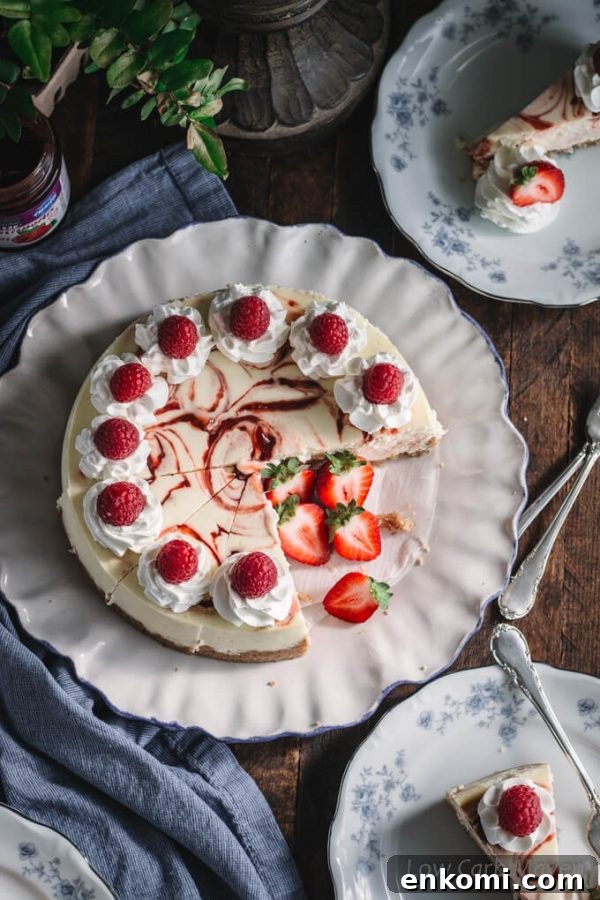 This keto cheesecake with raspberry swirl is delicious and perfect for a low carb and sugar free diet.