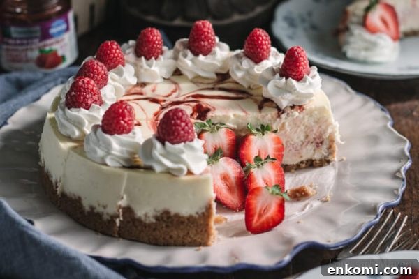 Strawberry and raspberry swirl cheesecake with whipped cream, fresh raspberries and strawberries on a plate.
