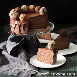 A low carb chocolate cheesecake with sugar free chocolate truffles and low carb ganache.