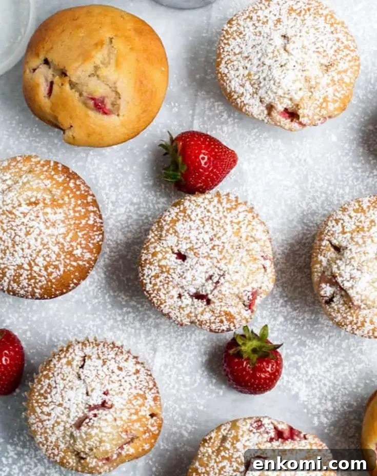 Overhead photo of Strawberry Muffins covered with powdered sugar by themerchantbaker.com