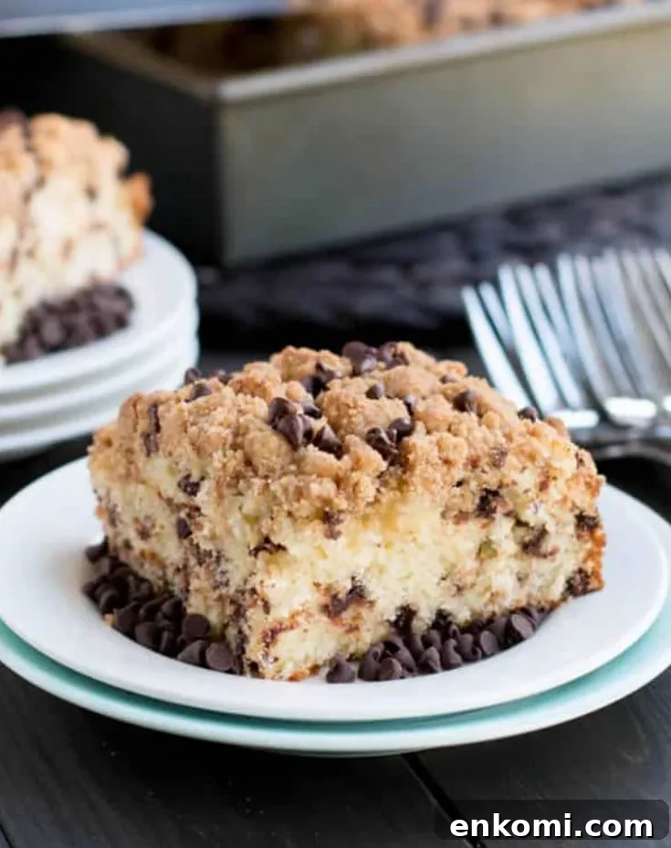 Chocolate Chip Crumb Cake on a white plate by themerchantbaker.com