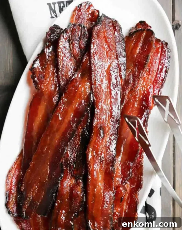 Brown Sugar Maple Glazed Bacon on a white plate by themerchantbaker.com