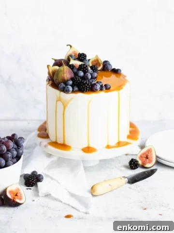 sweet potato cake topped with figs, blackberries and grapes
