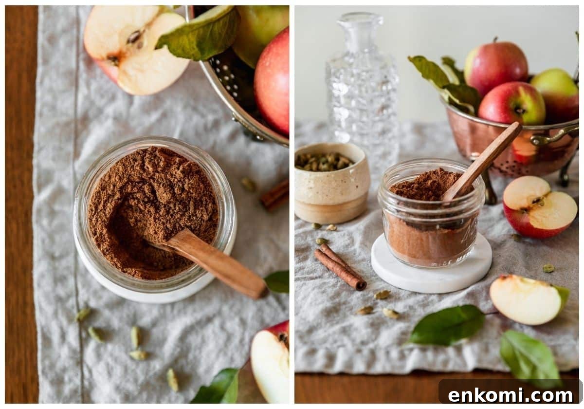 Two images; on the left, a closeup overhead image of spices in a jar on a beige linen next to sliced apples, a colander with apples, cardamom, and a cinnamon stick. On the right, a side image of the jar of spices on a white coaster placed on a beige linen next to a copper colander with apples, sliced apples, a cream bowl of cardamom pods, and a glass container.