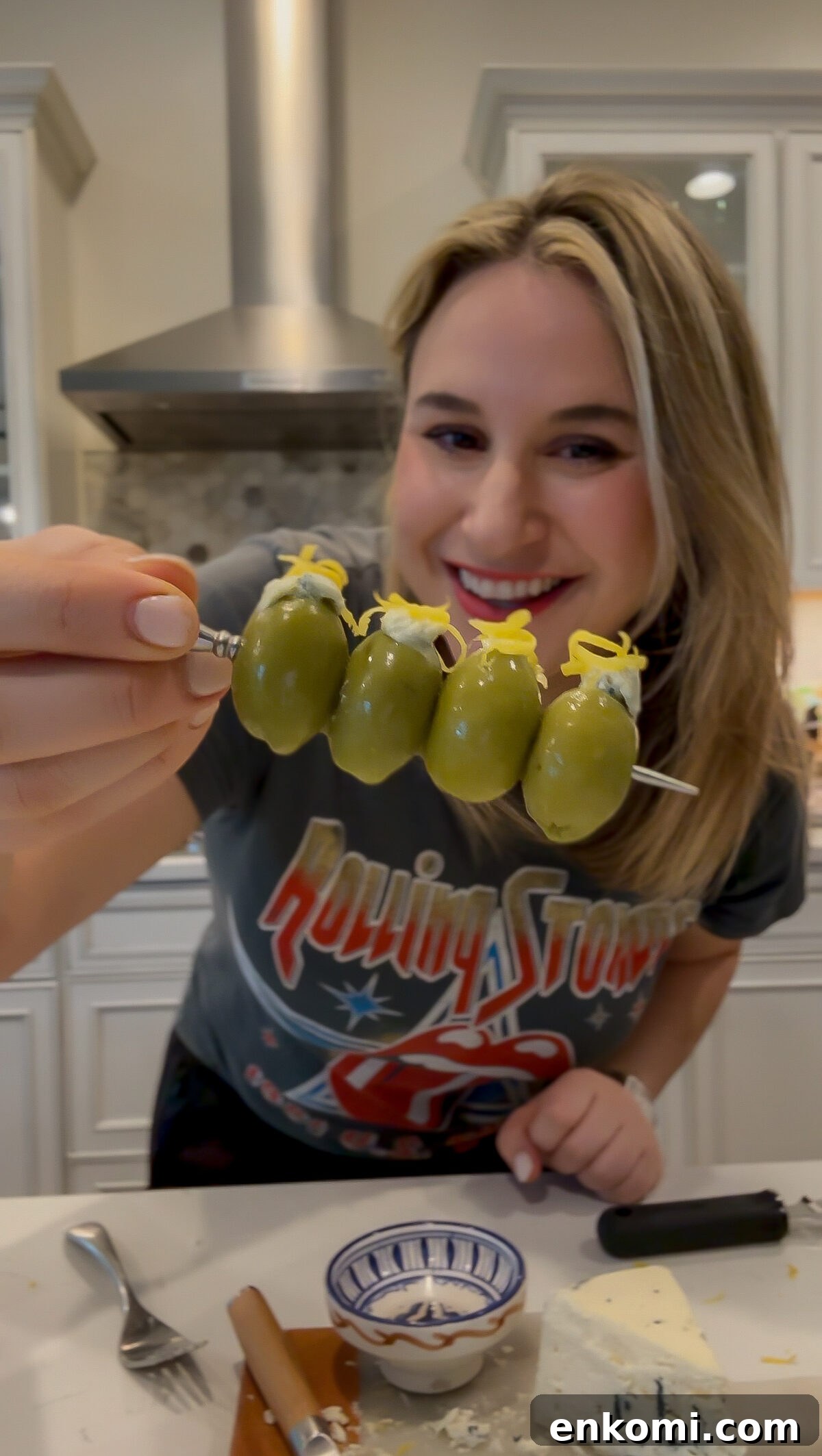 Creamy Lemon Martini with Olive Brine Twist 3 blue cheese olives for garnish in the martini