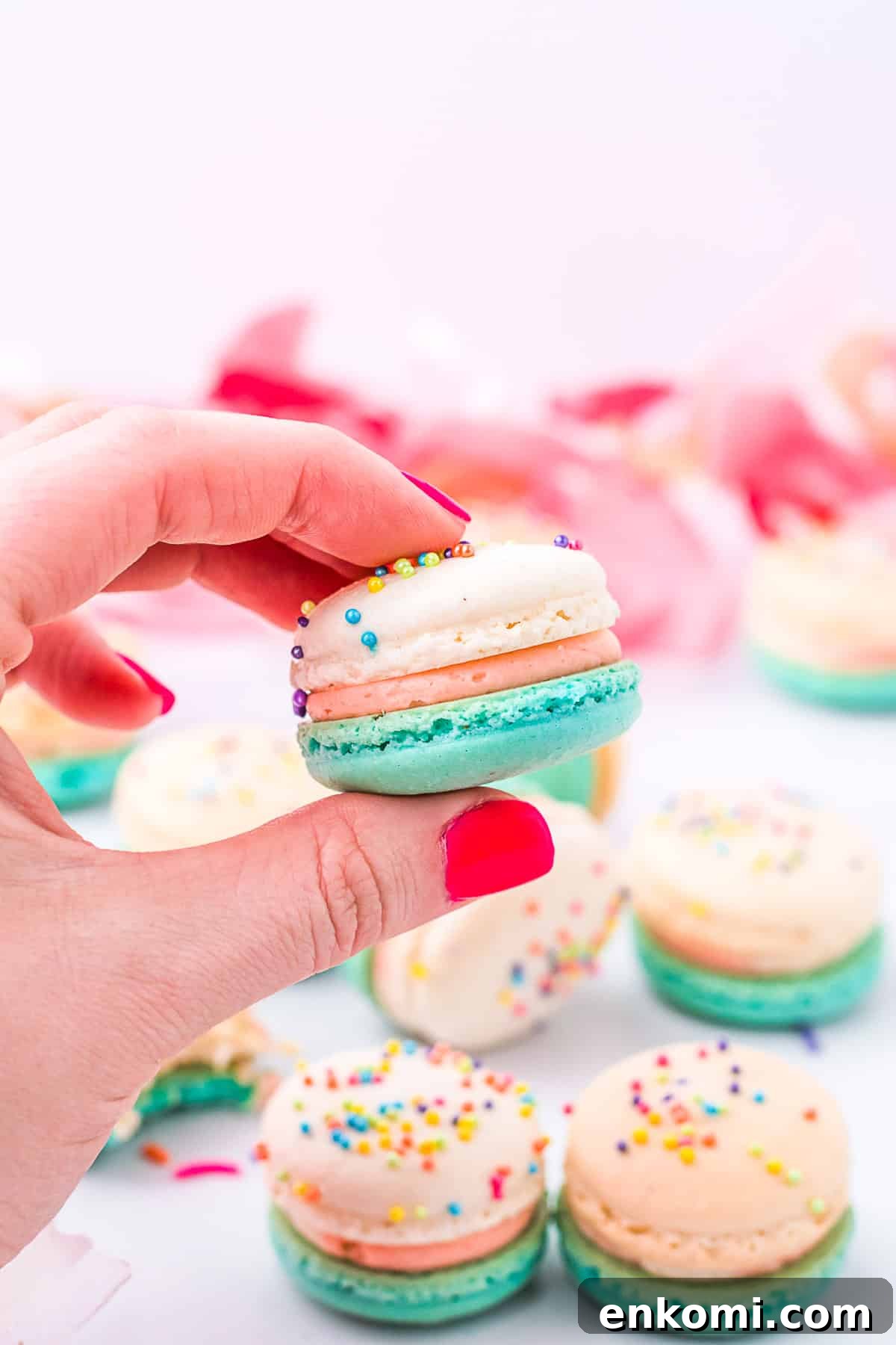 birthday cake macarons being held 