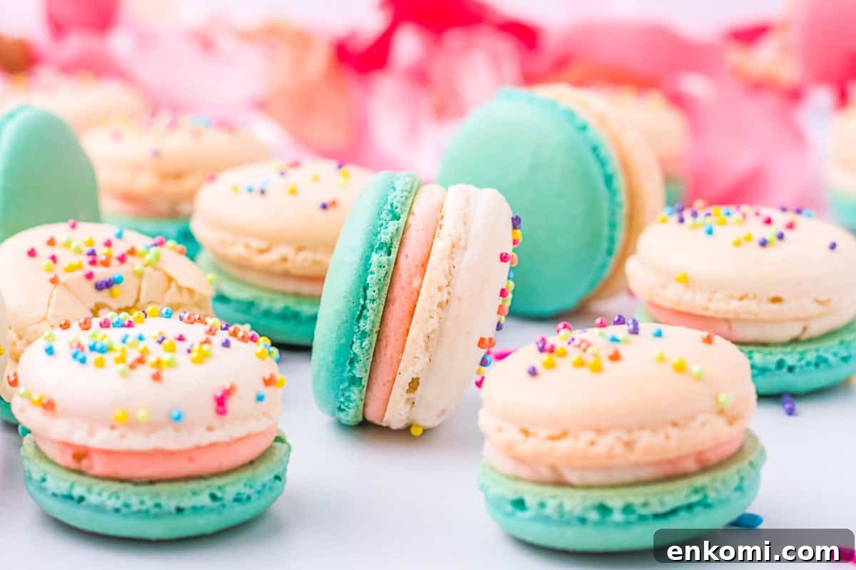 Birthday cake macarons on a marble decor board