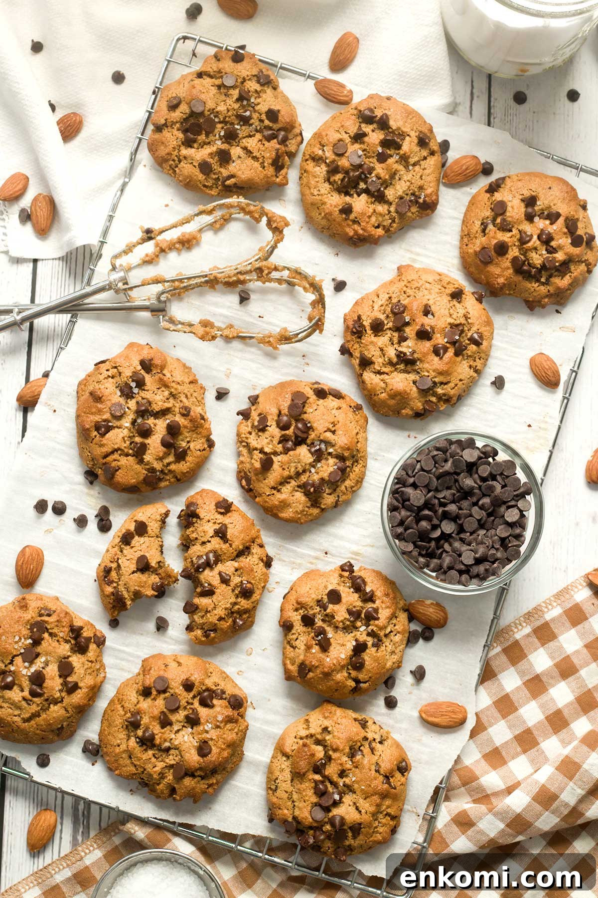 Gluten-Free Levain-Style Chocolate Chip Cookies Recipe 4 Gluten-Free Levain Bakery Chocolate Chip Cookies on parchment paper.