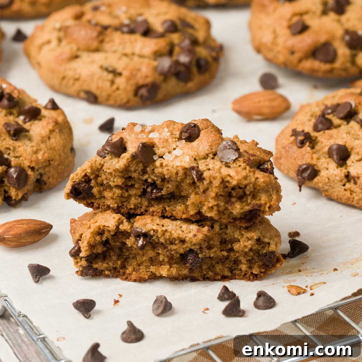 Gluten-Free Levain-Style Chocolate Chip Cookies Recipe 9 Gluten-Free Levain Bakery Chocolate Chip Cookies on parchment paper.