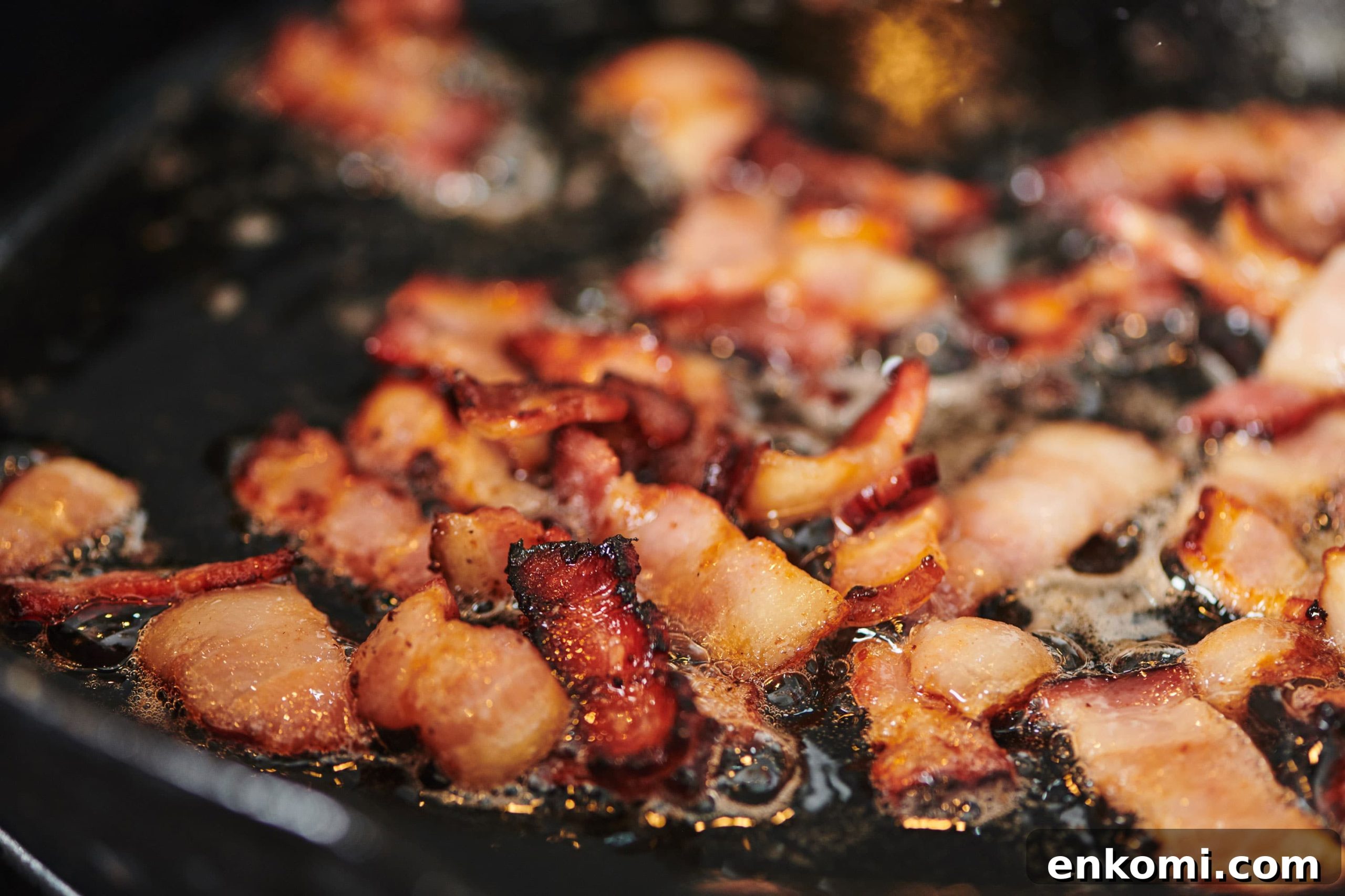 Crispy Bacon Lardons Recipe: Step-by-Step Guide 6 Bacon Lardons frying in pan.