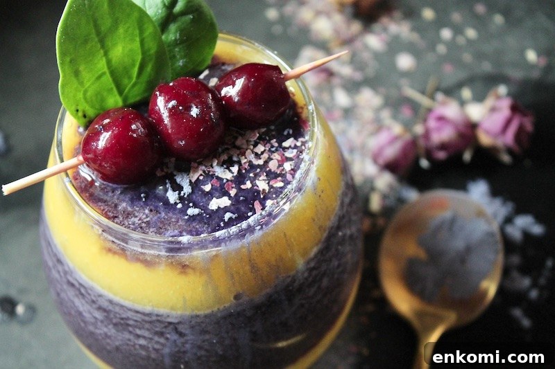 Mango & Cherry Butterfly Pea Smoothie Recipe with Natural Color Boost 13 mango cherry smoothie with butterfly pea flower powder