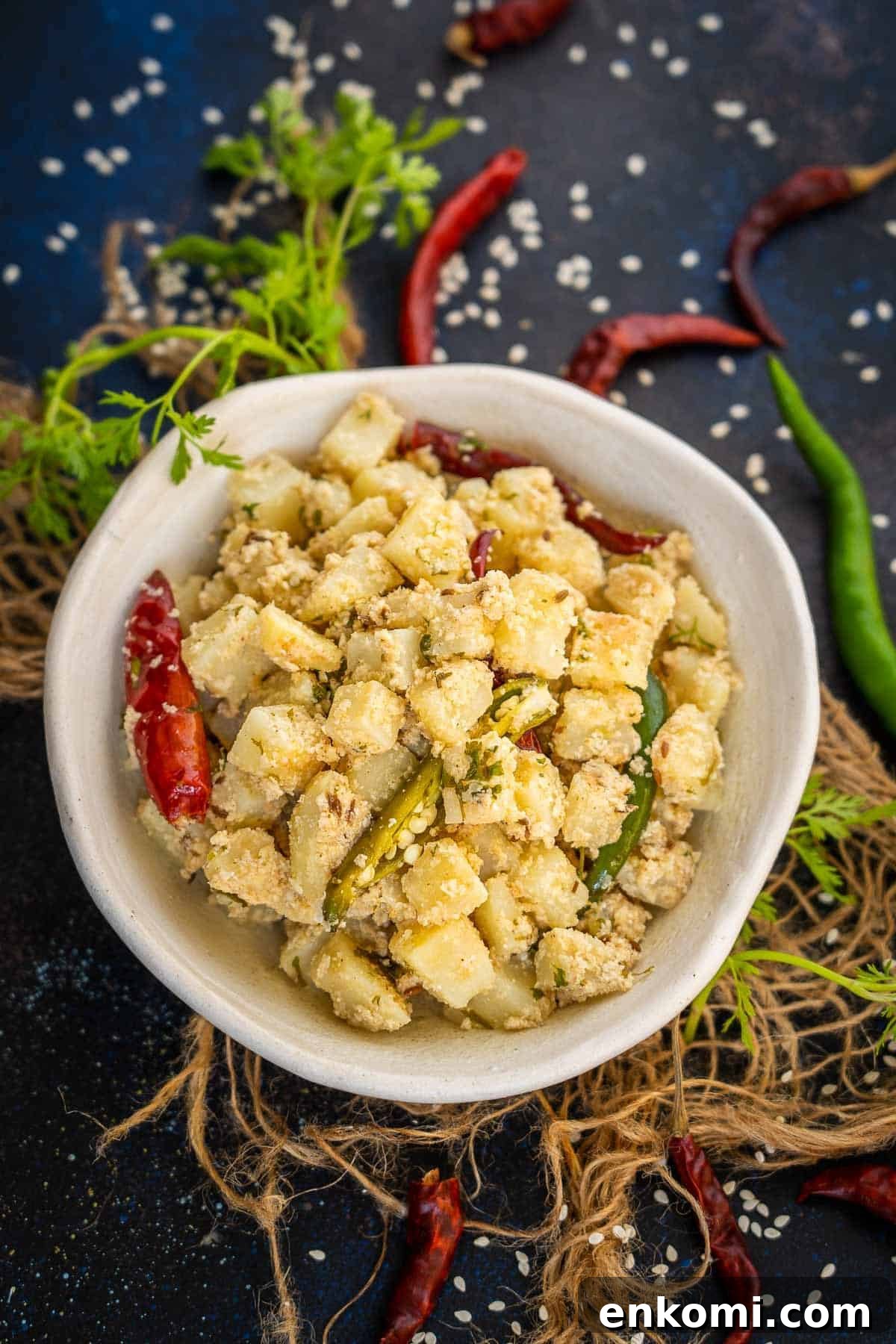 Sesame Potato Stir-Fry (Til Wale Aloo) Recipe 2 A bowl of Til Wale Aloo garnished with sesame seeds, red and green chilies, and fresh cilantro, set on a rustic surface with scattered chilies and herbs around.
