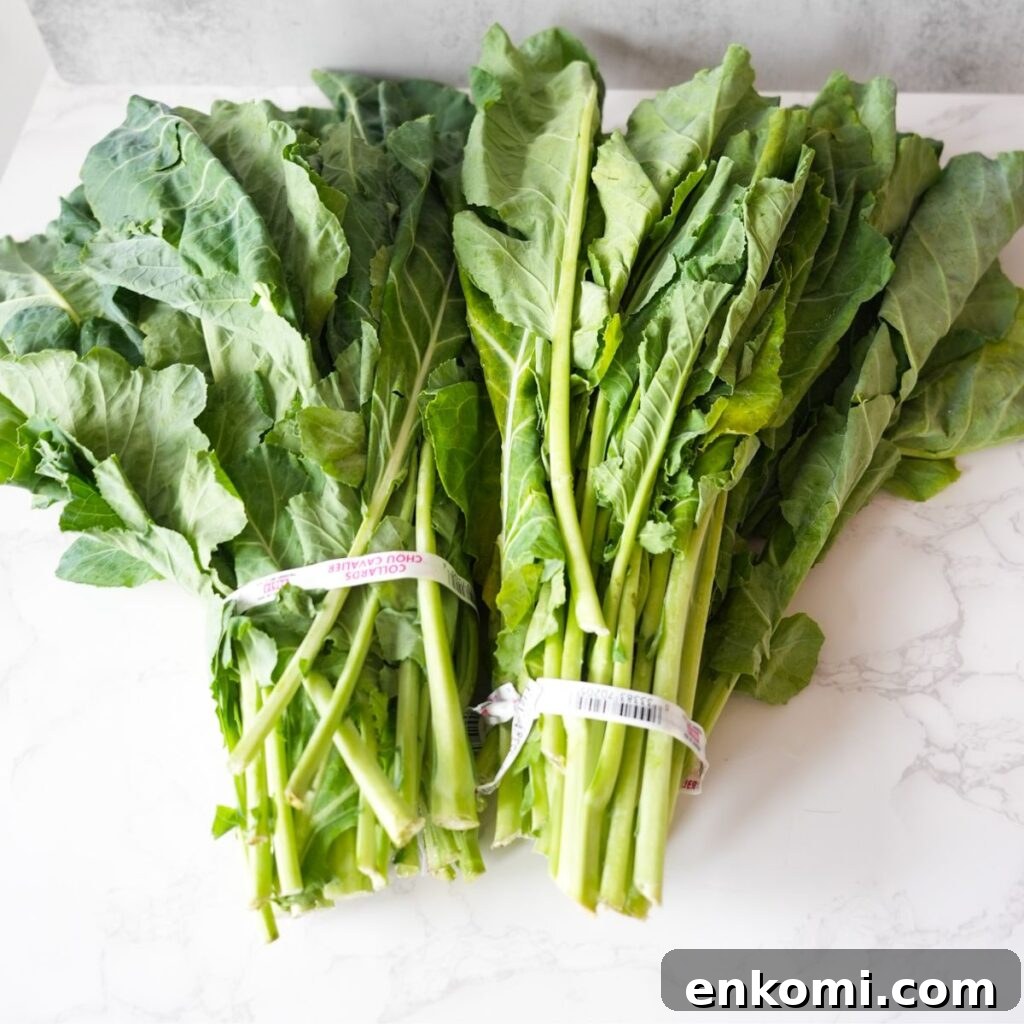 Two bunches of collard greens. 