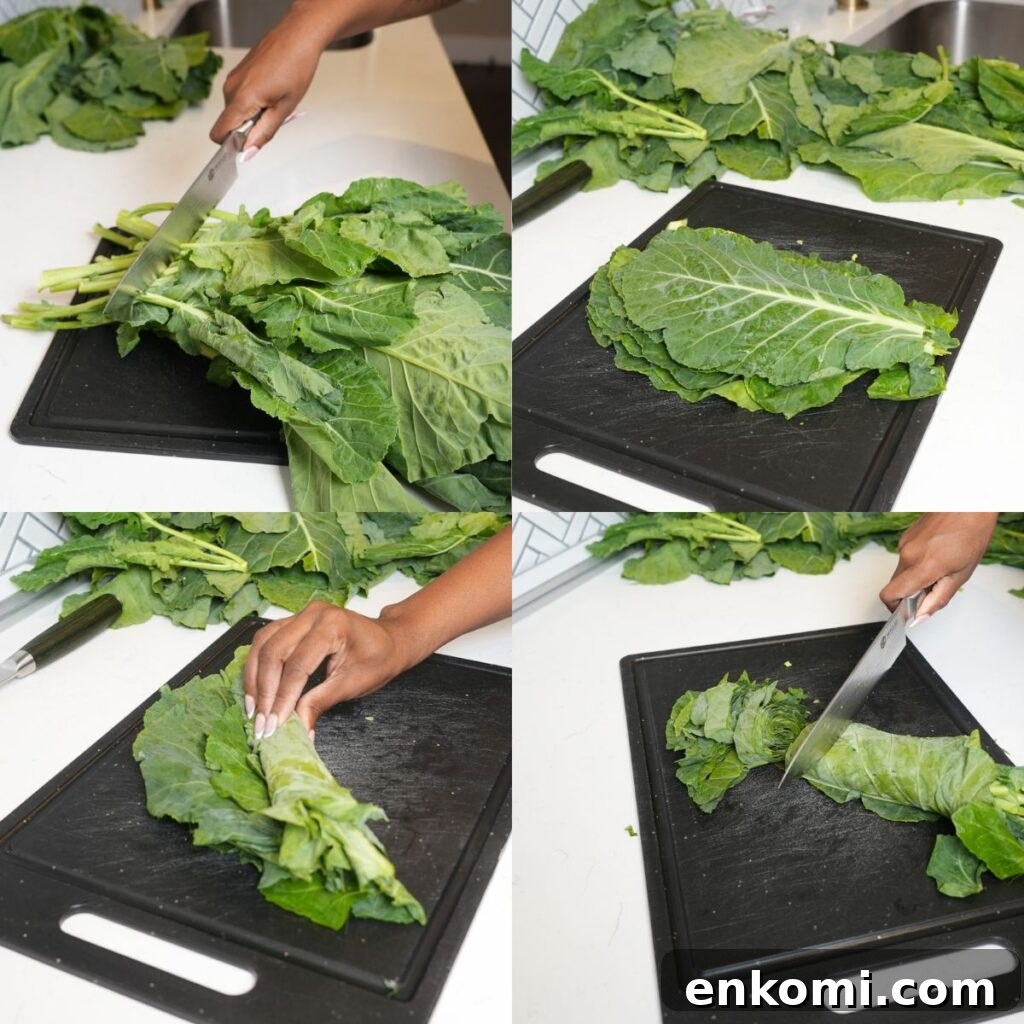 Step by step images of cutting collard greens. 