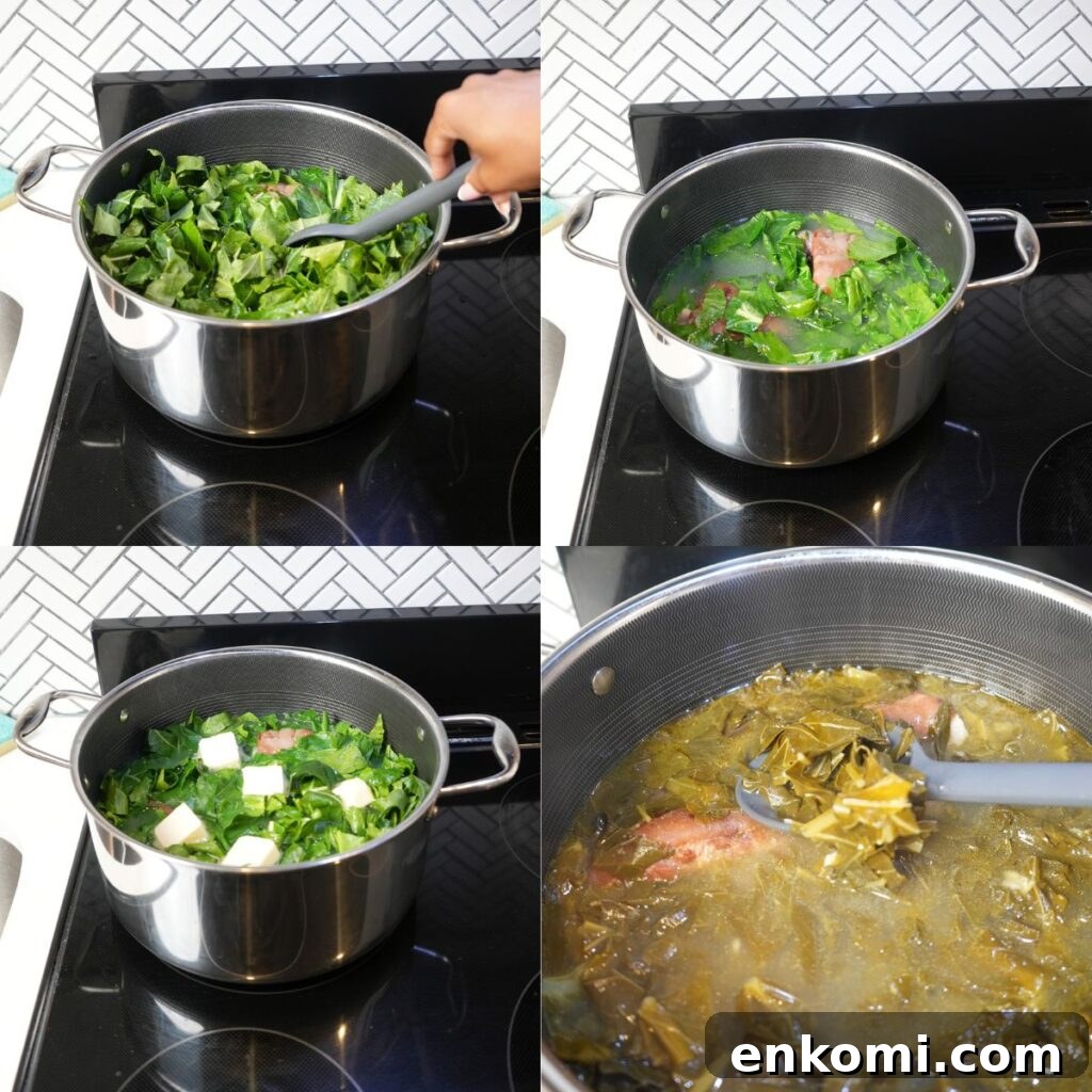 Collard greens being cooked in a pot. 
