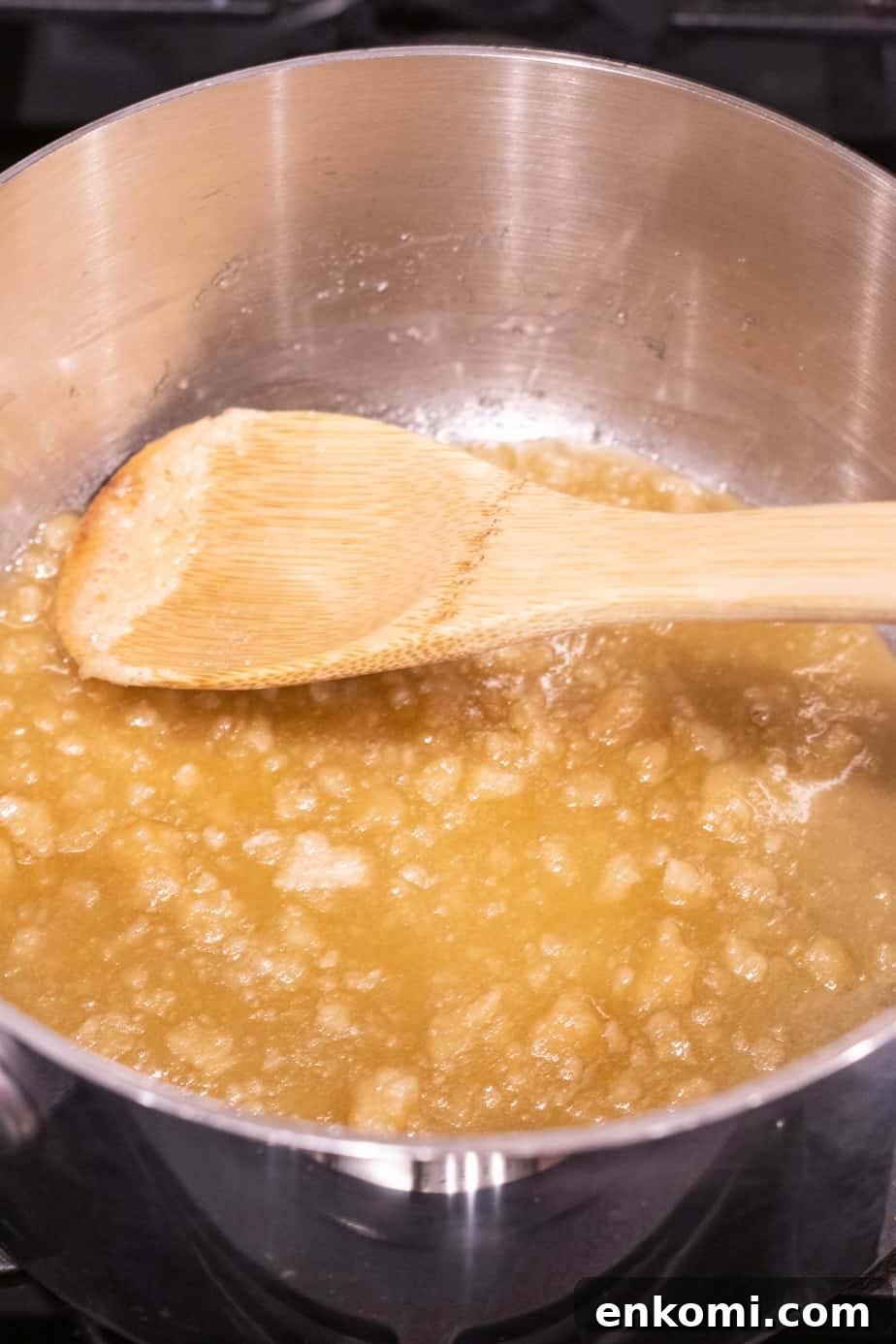 Salted Caramel Chocolate Budino Recipe for Decadent Dessert 9 sugar turning brown and melting in saucepan
