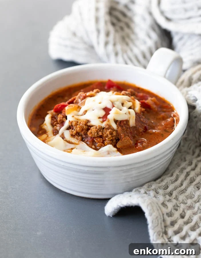 Hearty Pizza Soup Recipe: Comforting One-Pot Dinner 2 Soup with pepperoni in a bowl