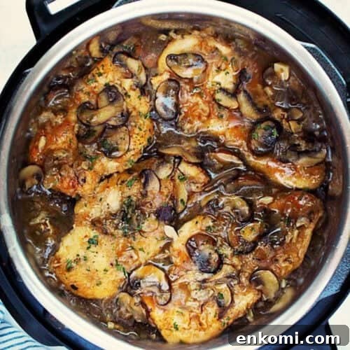 Square image of chicken Marsala dish in the Instant Pot.